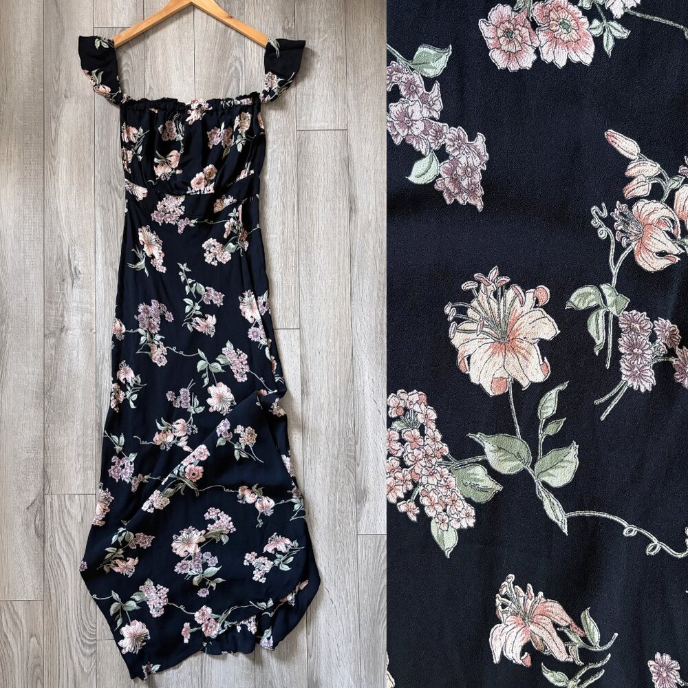 Flynn Skye Bardot Maxi Dress Black Botanical Print Womens Size M Boho Floral 90s